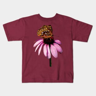 Daisies - Fritillary on Purple Coneflower Kids T-Shirt